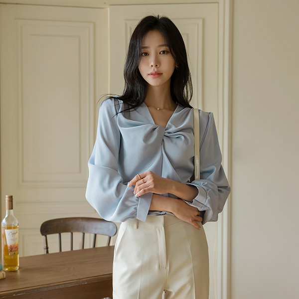 ode - 글램 셔링 매듭 포인트 글로시 블라우스♡韓國女裝上衣