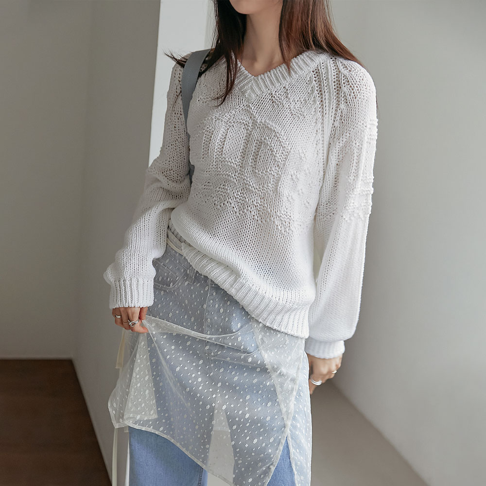 common-unique - 모로니 래글런 패턴 V 넥 니트 (봄/간절기/유니크/데일리/캐주얼/브이넥)♡韓國女裝上衣