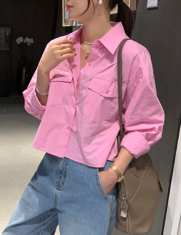 NIBBUNS - [하이퀄리티]박시 오버핏 크롭 포켓셔츠♡韓國女裝上衣