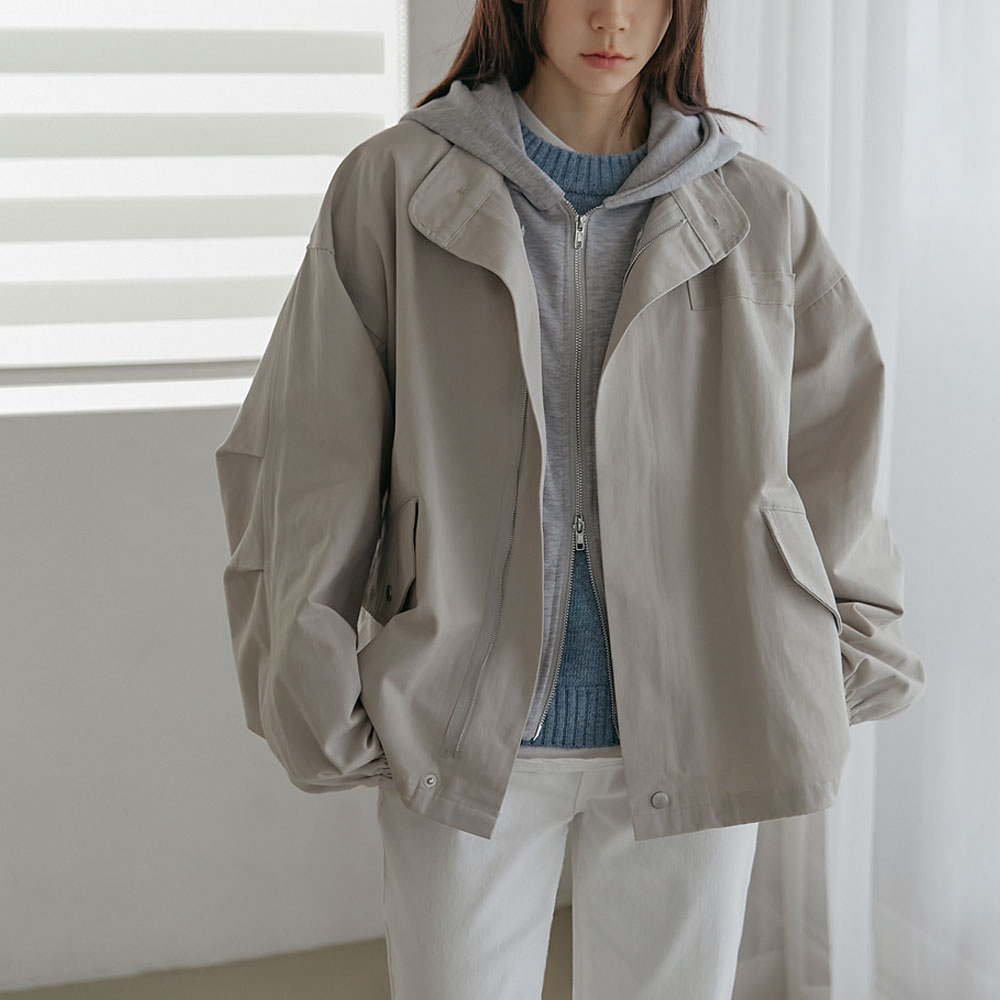 common-unique - 헤르웬 코튼 후드 레이어드 박시 점퍼 (봄/데일리/캐주얼/탈부착)♡韓國女裝外套