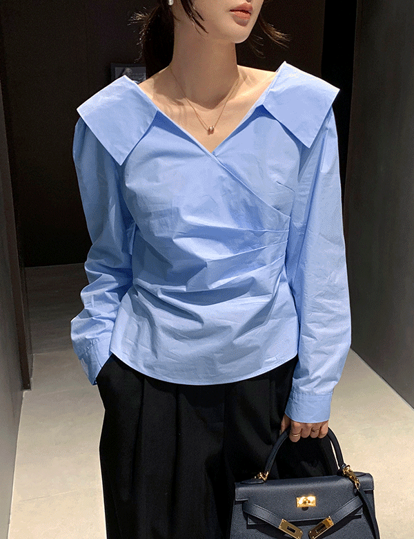 NIBBUNS - [하이퀼리티]핀턱 셔링랩 와이드카라 블라우스♡韓國女裝上衣