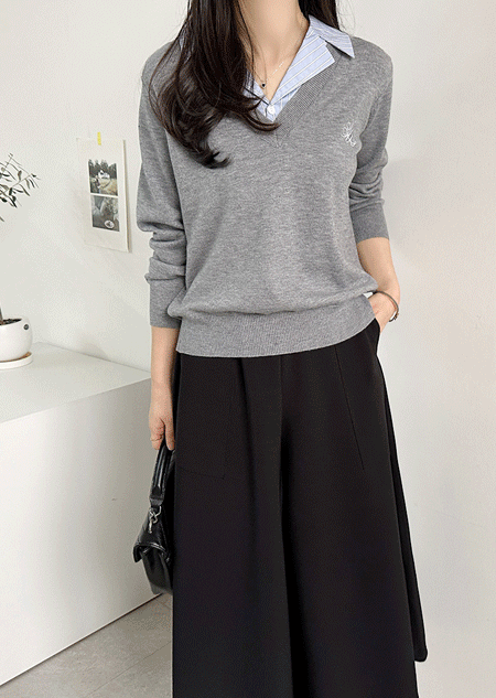 misharp - 프렌치 브이 카라 배색 니트 (2 color)♡韓國女裝上衣