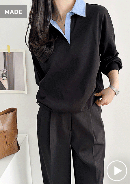 misharp - 블랙 셔츠 배색 티셔츠 (1 color)♡韓國女裝上衣