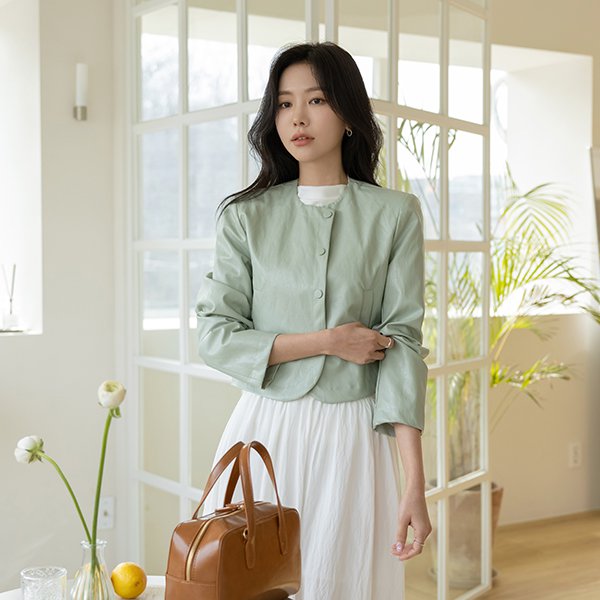 ode - 크라운 라운드넥 에코레더 자켓♡韓國女裝外套