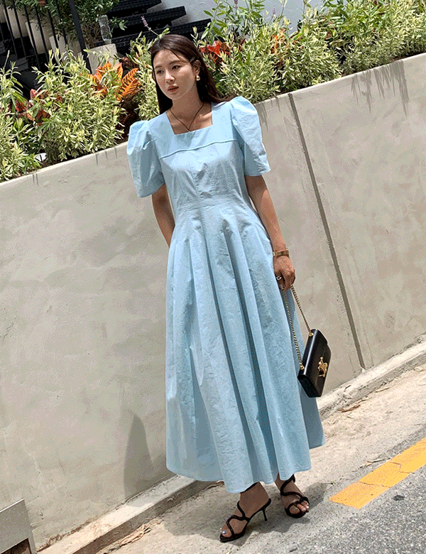 NIBBUNS - [니쁜스단독제작40%할인][하이퀄리티]스퀘어넥 핀턱 절개 볼륨소매 원피스♡韓國女裝連身裙